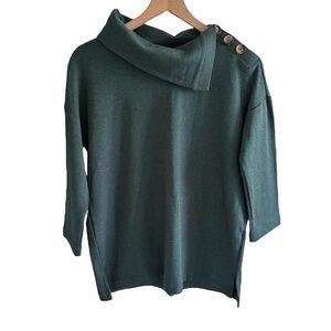 Tahari Cowl Neck Sweatshirt Size M Button Detail 3/4 Sleeve Casual Soft Cozy